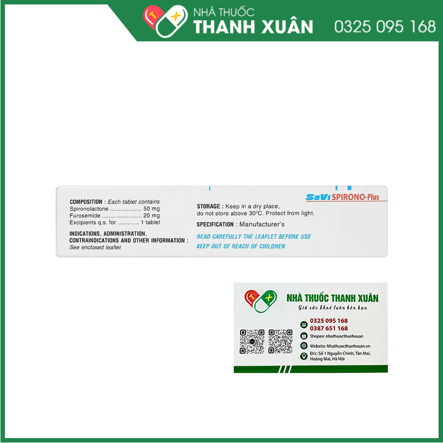 Savispirono-Plus thuốc điều trị tăng huyết áp, suy tim xung huyết mãn tính, xơ gan tích tụ dịch lỏng, chứng tăng tiết aldosteron